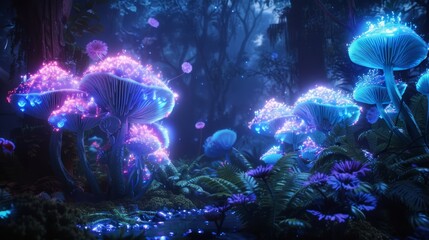 Poster - Magical Forest with Glowing Giant Mushrooms Illuminating Blue and Purple Light at Night