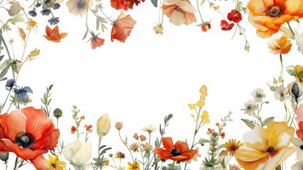 Wall Mural - watercolor painting of small various flowers surrounding a large white area in the middle of the image, copy and text space, 16:9