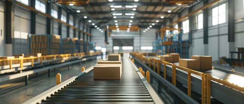 Boxes on a conveyor belt in a warehouse. The image depicts an industrial setting with automation and efficient logistics processes.