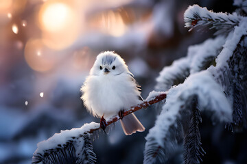 Wall Mural - A beautiful white bird, possibly a dove, perches on a snow-covered branch. The soft light illuminates the bird's feathers and the delicate snowflakes clinging to the branch.