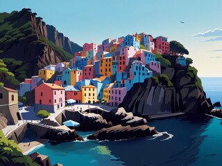 Beautiful picturesque seaside town near a mountain, inspired by Cinque Terre villages and Riomaggiore in Italy. 