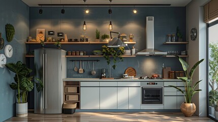 Wall Mural - A kitchen with a refrigerator, oven, and microwave