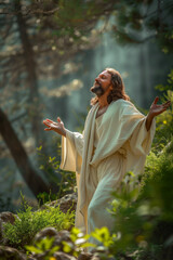 Wall Mural - Jesus Christ happy bless and smiling on nature background