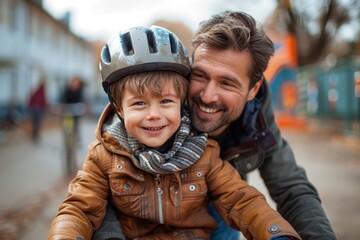 Father and his little son enjoying a bike ride together, sharing a joyful moment