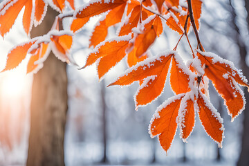 Wall Mural - A breathtaking display of autumn foliage! Vibrant orange leaves, glistening with frost, blanket the branches of trees in a late-autumn or early-winter scene.