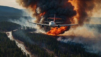 Wall Mural - Aerial tanker plane releasing water over a blazing forest to combat wildfire.