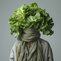 Lettuce head man isolated on white. Portrait of a person with a plant in place of head