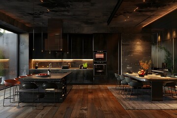 Wall Mural - An ultra modern, spacious apartment with a trendy luxury kitchen decor in dark hues, very cool led lighting, an island for cooking, and a dining room