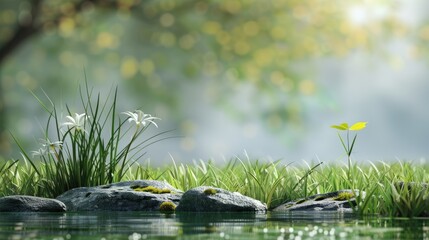 Wall Mural - Foreground Grass. Spring Landscape with Small Plants, Stones, and Tree Branch