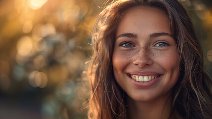 Wall Mural - A portrait captures a smiling, lovely, and beautiful woman, her radiance shining through in every feature. Her smile is warm and genuine, reflecting inner joy and positivity