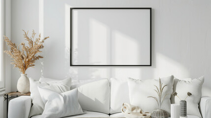 A mockup black poster frame and accessories decorate a cozy white interior background