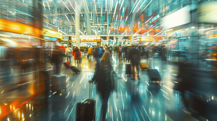 In the backdrop, a modern airport buzzes with activity, depicted through a blurred background that captures abstract motion