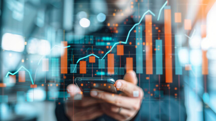 Poster - Close-up of a person trading online with a smartphone, displaying stock market graphs and trends
