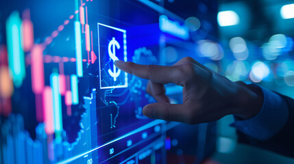 Poster - Close-up of a hand pointing at digital graphs and currency symbols on a high-tech screen