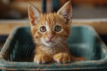 Wall Mural - Orange tabby kitten inside green basket