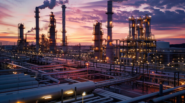 Industrial refinery at dusk with complex piping