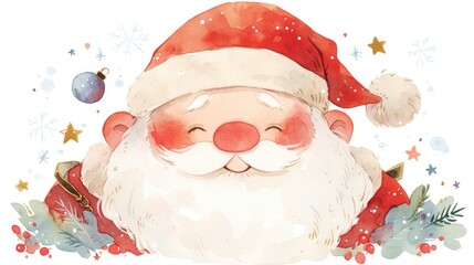 Poster - A cute Christmas themed Santa Claus wearing a kawaii hat with a cheerful smile depicted in a watercolor style against a white backdrop in a 2d illustration