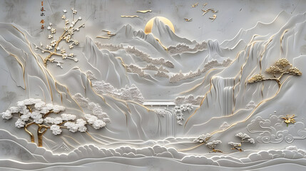 Wall Mural - Volumetric stucco molding on a concrete wall with golden elements, Japanese landscape, waterfall, mountains, sakura.