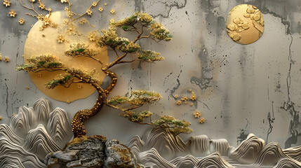 Wall Mural - volumetric stucco molding on a concrete wall with golden elements, japanese landscape, waterfall, mo