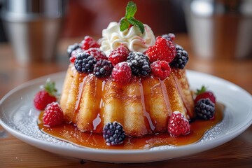 Baba au Rhum A Baba au Rhum soaked in rum syrup, topped with whipped cream and fresh berries. Served on a white plate. 