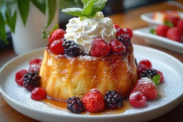 Baba au Rhum A Baba au Rhum soaked in rum syrup, topped with whipped cream and fresh berries. Served on a white plate. 