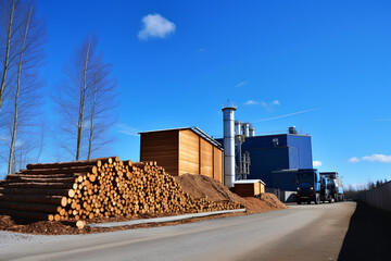 bio power plant with storage of wooden fuel (biomass) against blue sky