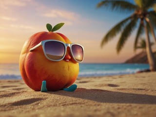 Wall Mural - Cartoon mango enjoying the beach life with sunglasses, set against a sunset on the sandy shore.