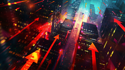 Poster - Abstract cityscape with glowing arrows soaring upwards, symbolizing economic boom