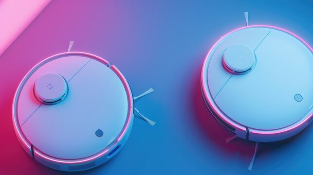 3D render of two round robot vacuum cleaners on a blue background with pink neon lights, in a close up, top view, high angle view.