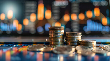 Poster - Close-up of stacked coins with colorful financial chart blur in background symbolizing investment growth
