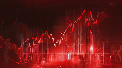 Poster - City skyline background with abstract financial chart showing upward trend line