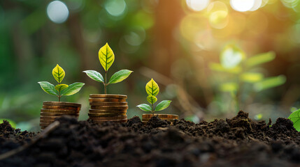 Poster - Plants sprouting from coin stacks in soil, symbolizing investment growth