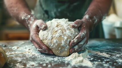 Baker kneads dough on a wooden table. The dough is covered in flour. The baker's hands are also covered in flour.