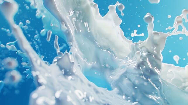 Rich milk splash, vibrant blue backdrop, commercial banner design, white liquid motion, ideal for dairy ads