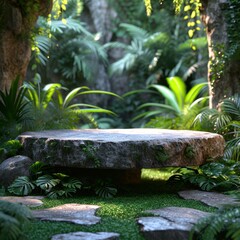 Wall Mural - Photo of a wooden podium with tropical plants in the background for product presentation