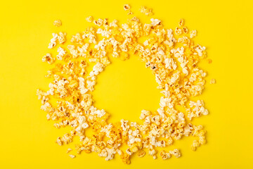 Wall Mural - Tasty popcorn in color background. Cinema and entertainment concept. Movie night with popcorn.Cheese and caramel popcorn. Delicious appetizer, snack. Place for text. Copy space.Banner