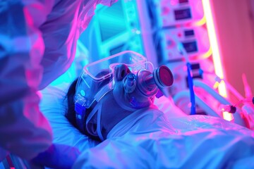 Wall Mural - A person lying in a hospital bed wearing a medical mask, suitable for use in healthcare-related contexts such as hospitals or clinics