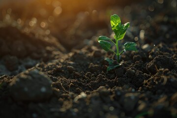 Poster - A tiny plant emerging from soil with bright green leaves and stem