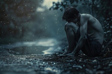 Wall Mural - A person sitting on the ground in the rain, providing context for various applications