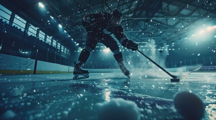 Poster - A person in hockey gear is gliding across the frozen surface, with equipment and shadows visible