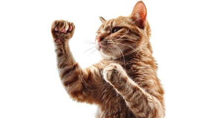 Poster - A curious cat standing on its hind legs, holding its paw up in the air