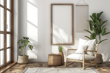 Wall Mural - Frame mockup in farmhouse room interior background, 3d render