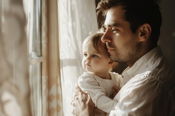 Wall Mural - A father or guardian holding a young child near a window, possibly in a domestic setting