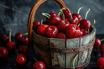 Wall Mural - A wooden basket filled with juicy cherries