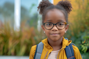 smiling african american girl with glasses standing outdoors with a blurred nature background