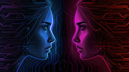 Wall Mural - Profile of two human faces with glowing neon circuitry for a tech-inspired backdrop