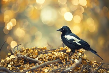 A black and white bird sits atop a stack of twigs, a natural scene