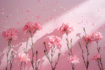 Wall Mural - Pink carnations arranged on a bright pink background with confetti scattered around, suitable for party or celebration themed images