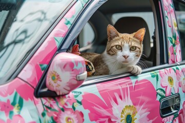 Wall Mural - A domestic cat sitting in the passenger seat of a car