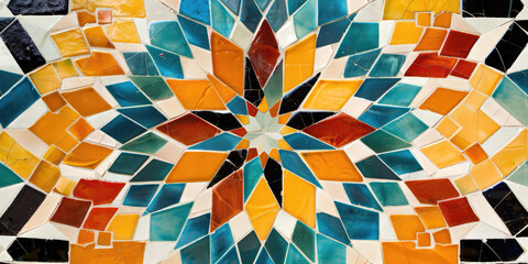 Close-up of classic Moroccan tile ceramic wallpaper, geometric design, vibrant background banner